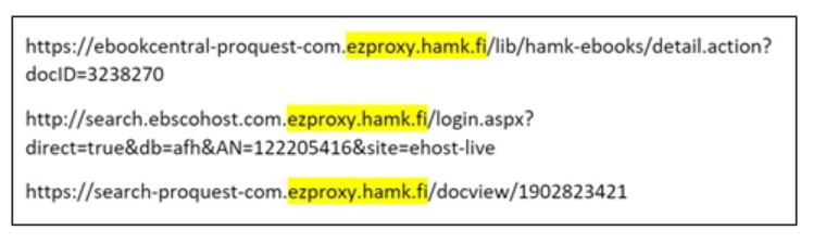 Toimivasta etäkäyttölinkistä löytyy teksti ezproxy.hamk.fi. Proxy-osoite on usein joko linkkiosoitteen alussa tai sen keskellä. 